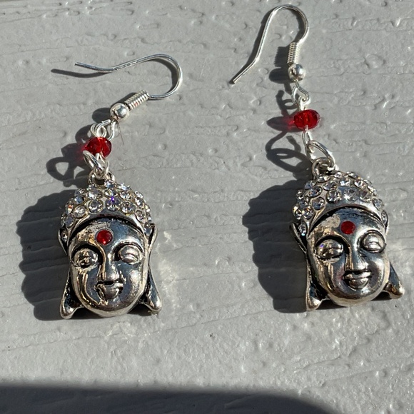 Buddha necklace earrings bracelet set new silvertone goldtone red crystal - Picture 10 of 11